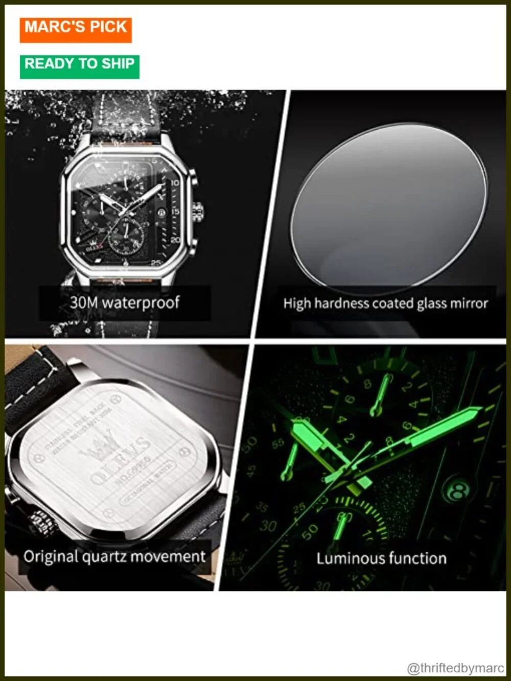 Square Chronograph Quartz Watch Leather Strap Luminous Waterproof Business